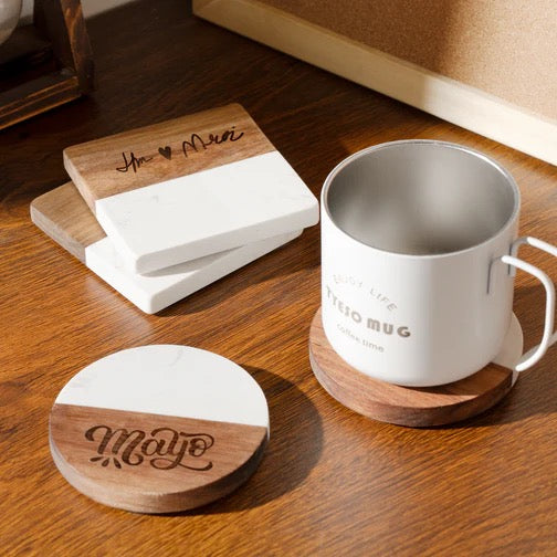 Square White Marble & Wood Coasters