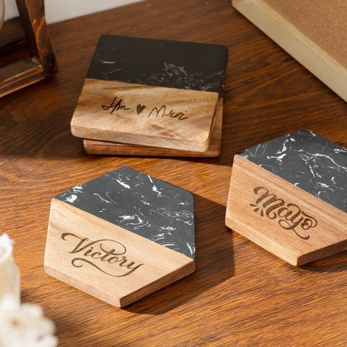 Square Black Marble & Wood Coasters