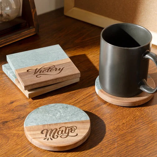 Round Dark Green Marble & Wood Coasters