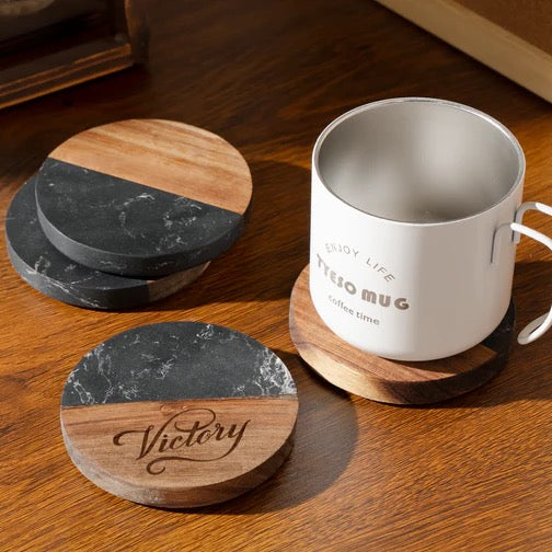 Round Black Marble & Wood Coasters