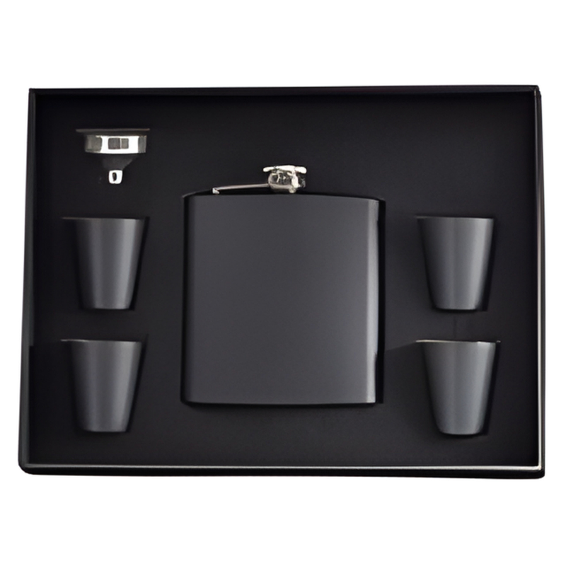 6oz Matt Black Hip Flask Gift Set